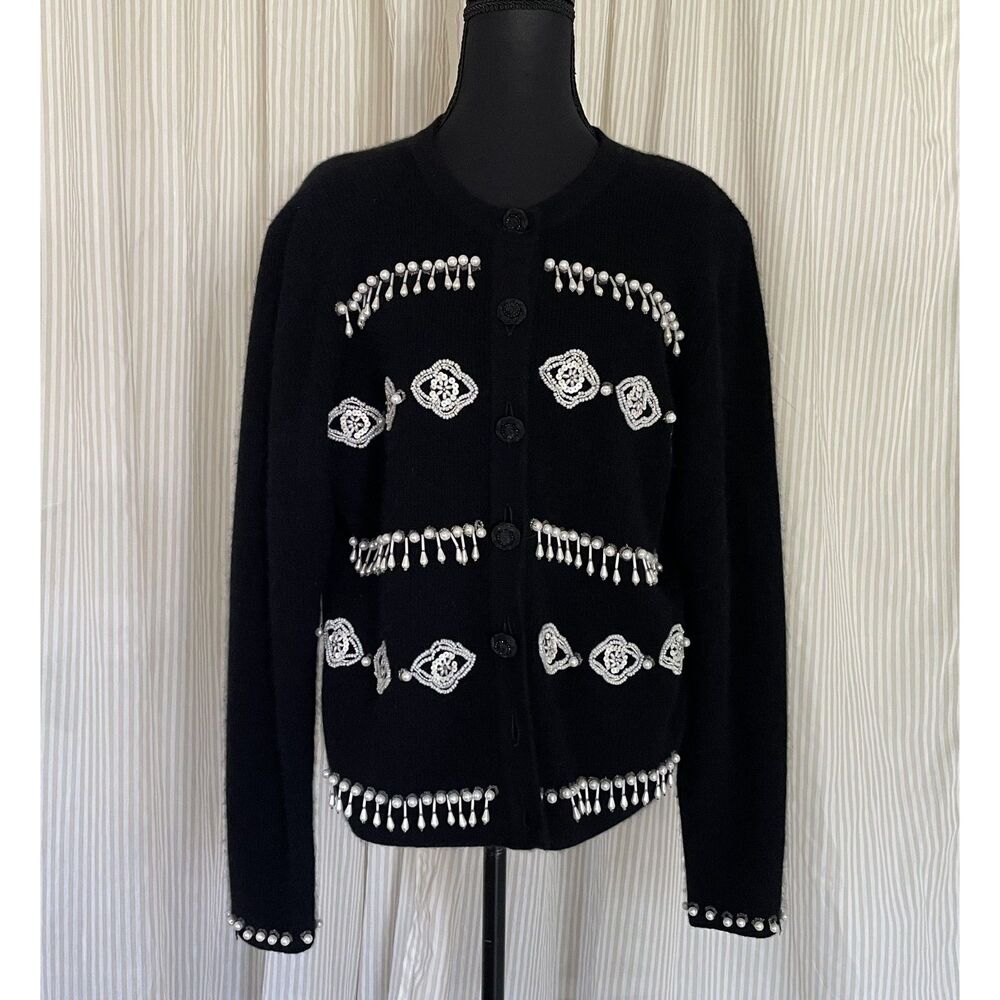 VTG Womens Black Beaded Cardigan Sweater L Pearl Embellished Elegant Statement